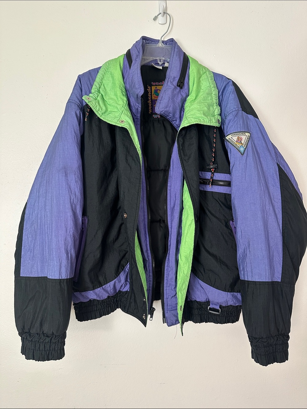 Weekends Vintage 90s Colorblock Black Purple Green Zip Ski Jacket Size Medium